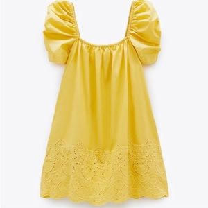 ZARA | Yellow Puff Sleeve Eyelet Mini Babydoll Dress Womens Size Medium